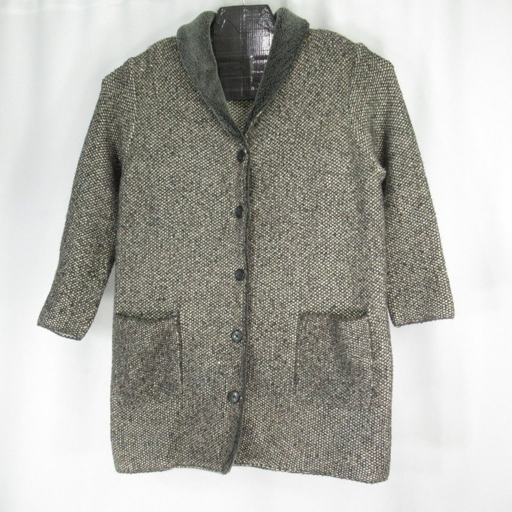 J Jill Sweater Coat Cardigan Jacket Large Petite Button Front Pockets Black Knit